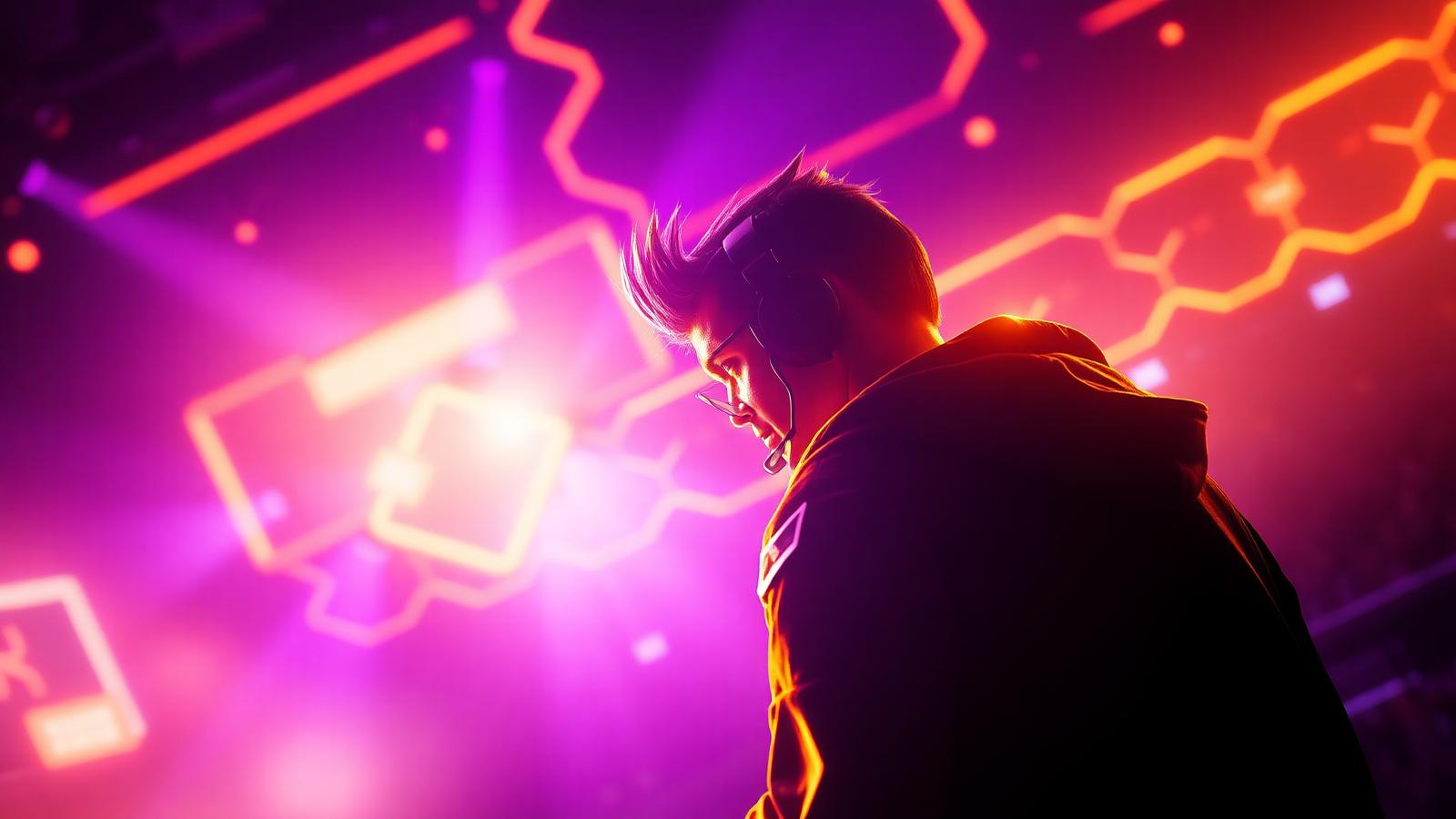 Neon esports arena with a player wearing a headset
